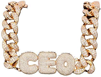 MoCa Hip Hop Micropave Simulated Diamond A-Z Custom Name Bubble Letters Pendant Necklace Charm Gift for Men Women 18K Gold Silver Plated Cubic Zirconia with 24" Stainless Chain (Letter Link Chain)