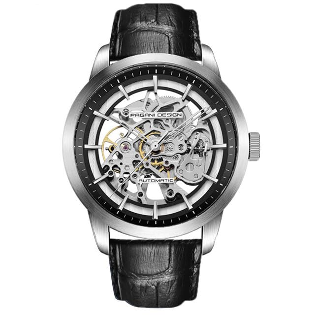 Pagani Design Classic Fashion Men's Skeleton Automatic Mechanical Watch Leather Strap Stainless Steel Self-Winding Waterproof Business Analogue Sports Wristwatch