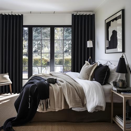Image of Black Out Kitchen Curtains 45 Inch Length 2 Panels Set, Mini Textured Linen Pinch Pleated Thick Drapes Room Darkening Insulated Black Small Window Curtain with Hooks Rings Back Tab 40 inchWx45 inchL Blackout