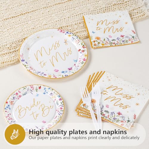 Image of Greencian 96Pcs Wildflower Floral Bridal Shower Party Decorations Serve 24 | Watercolor Floral Miss to Mrs Plates Napkins Gold Foil Tableware Sets Bride to Be for Women Wedding Engagement Party Favor