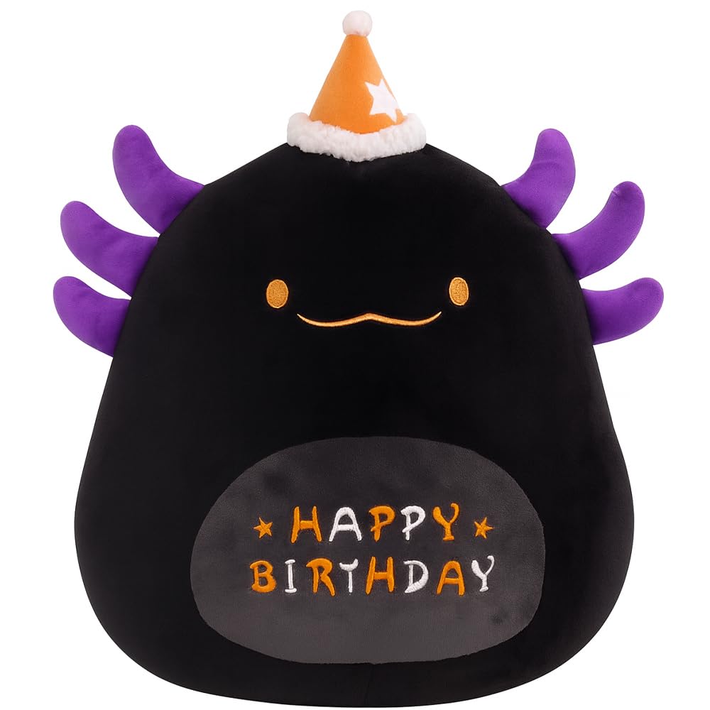 HAIJUNYA 16 inch Happy Birthday Axolotl Plush Pillow, Cute Black Axolotl Stuffed Animal Home Room Decoration, Birthday Party Gift for Kids Boys Girls,