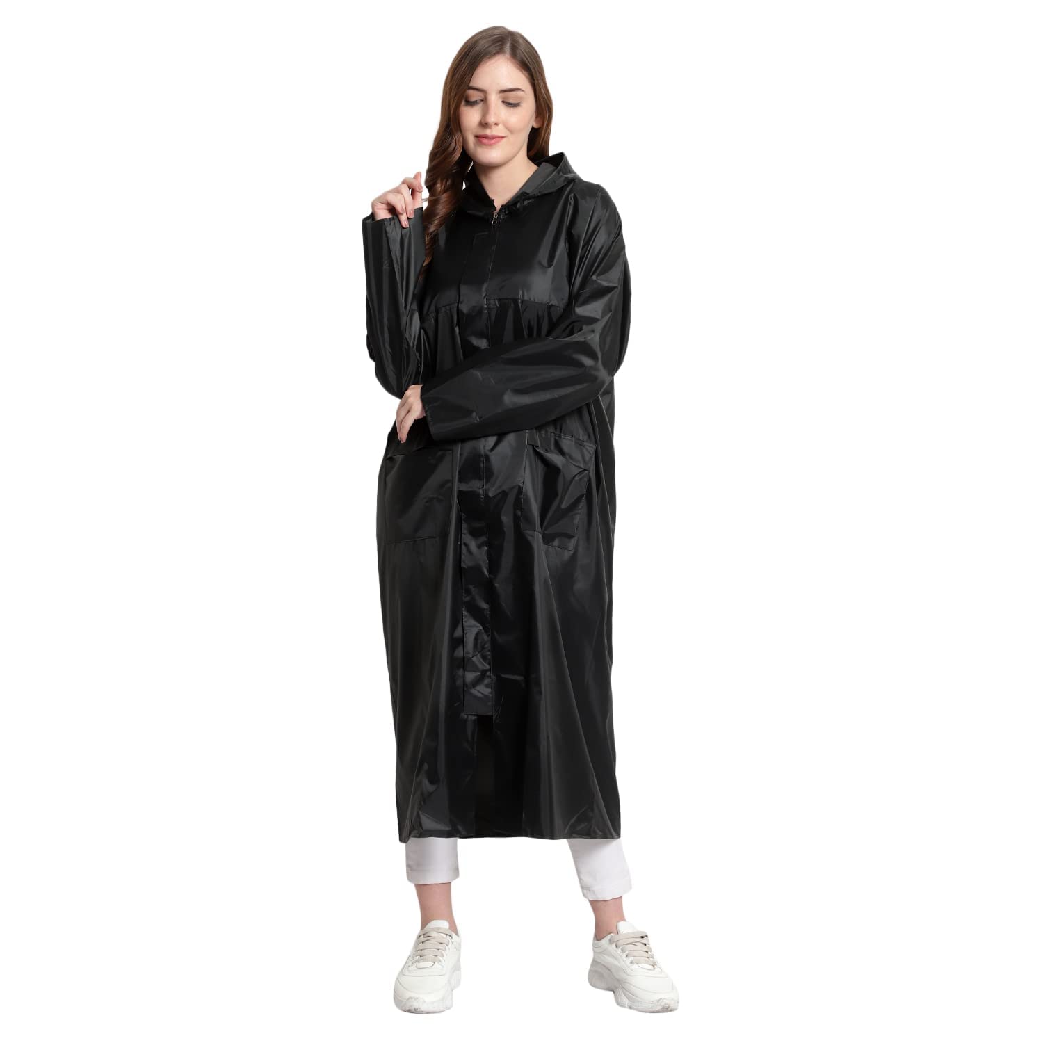 Nylon Women's Solid Rain Coat/Overcoat With Hoods And Side Pockets, 100% Waterproof Standard Length Raincoat, Size-Free, Color-Black
