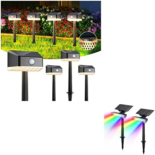 Linkind Solar Pathway Lights with Motion Sensor Warm White 4 Pack + Upgraded Solar Spot Lights Color Changing 2 Pack