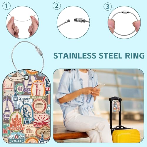 Travel Stamp Luggage Tag for Suitcase Set of 2 PU Leather Cute Luggage Tags with Stainless Metal Loop ID Label Privacy Flap Suitcase Tags for Women and Men Travel3