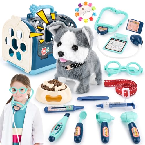 Electrónico Perrito Juguete Ladra y Anda con Jaula,Juego de Roles Regalo de Cumpleaños para Niños,Peluche Animales Perro Robot Interactivo Juguete Niña 2 3 4 5Años Regalo Cumpleaños Navidad - Azul