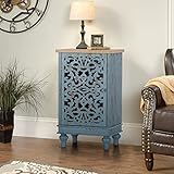 Sophia & William Accent Storage Cabinet with Single Door, Distressed Decorative Nightstand End Side Table with Wooden Frame and Hollow-Carved Floral Pattern for Entryway Living Room Bedroom, Blue