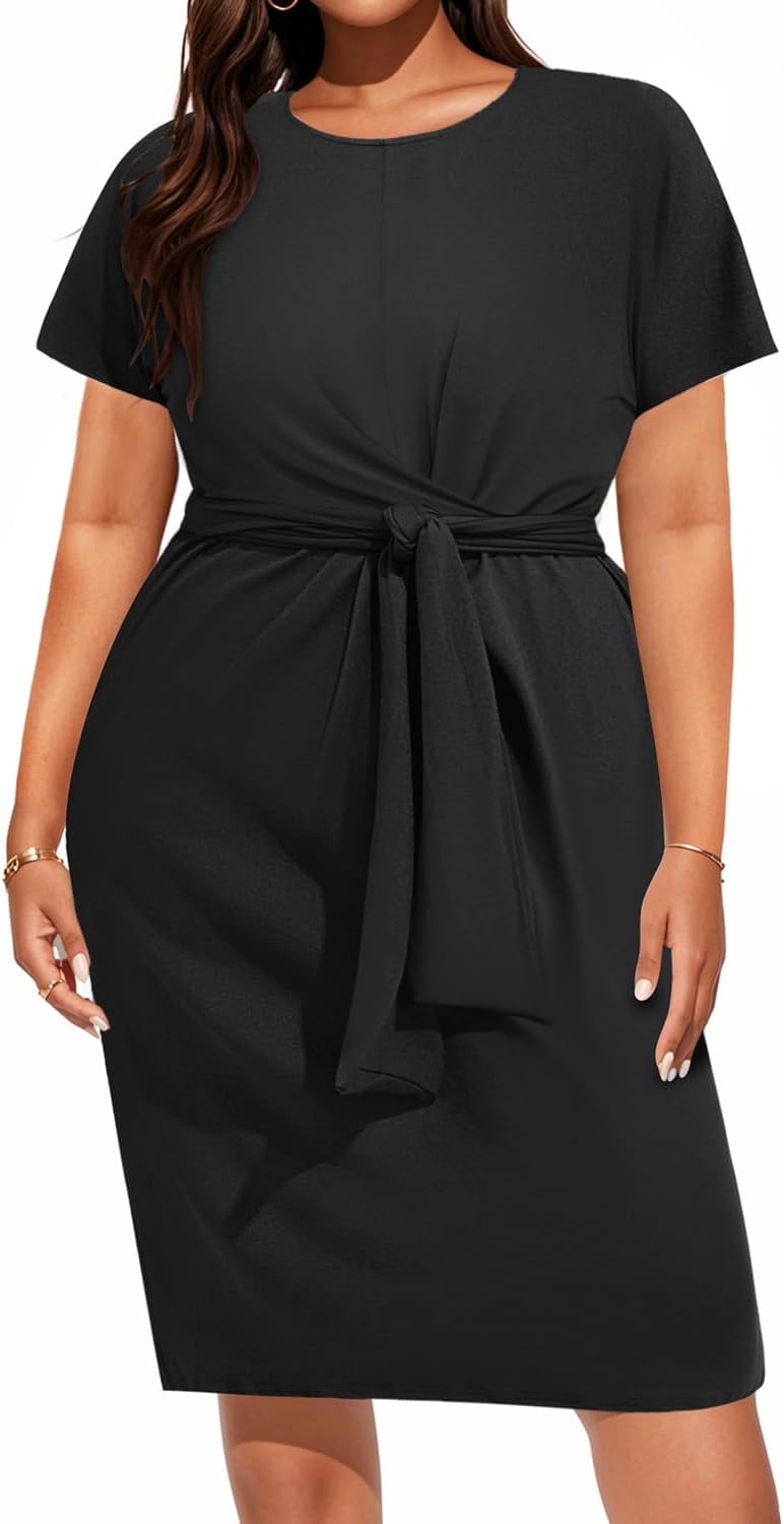 Pinup Fashion Plus Size Dresses for Women Wedding Guest Short Sleeve Tie Front Waist Belted Pencil Work Knee Dress - Image 5