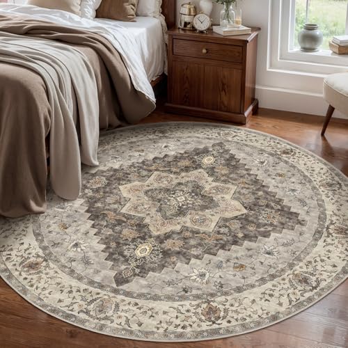 Image of Tangsoo Washable Round Area Rugs 5ft, Vintage Non Slip Circle Rug Low Pile