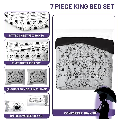 Image of Wednesday Addams King Comforter Set 7 Piece Floral Bedding for Girls, Gray