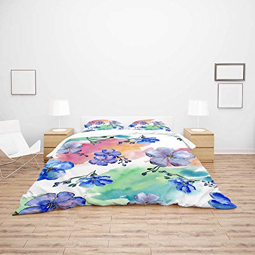 Housse de couette aquarelle anti-plis fleurs bleu botanique polyester
