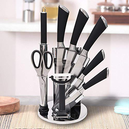 BLUE SPACE Chef Steel Knife Set with Acrylic Rotate Stand, Scissors & Sharpener (8 Pieces), Black