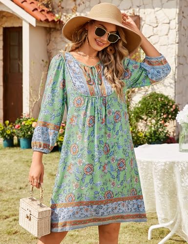 Image of Bluetime Women Casual Summer Dress Boho V Neck 3 /4 Sleeve Babydoll Floral Print Flowy Beach Dress