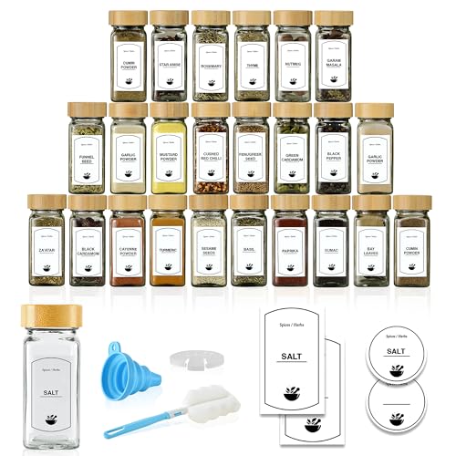 ToughHub 24 Pcs Glass Spice Jars with Bamboo Lids - 4 Oz Airtight Spice Containers with Shaker Lids 96 Pre-Printed English Labels Silicone Funnel & Cleaning Brush Spice Bottles for Home Kitchen