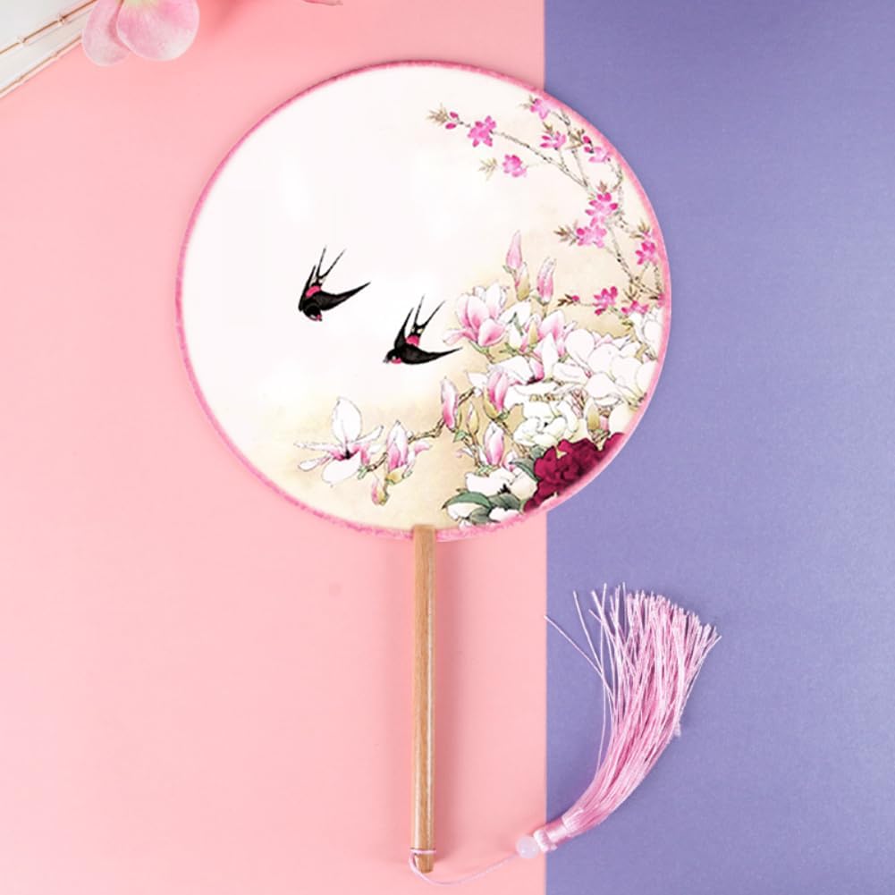BAOZOON 2 Pcs Silky Translucent Ancient Round Fan Classic Silk Hand Held Fans Floral Pattern Palace Paddle Dance Fan with Tassel Wooden Handle Wedding Favor Gift Home Decor(Color#6)