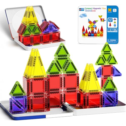 Image of Kidology Magnetic Tiles for Kids 42 PCS - STEM Building Blocks Construction Toy | Colorful Magnetic Building Blocks Travel Set for Boys Girls | Educational Creative Learning Gift