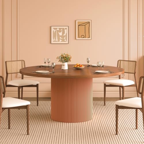 Image of 55 inch Round Dining Table for 4-6 People, Modern Farmhouse Dining Kitchen Table with Fluted Cylindrical Pedestal Base for Dining Room, Living Room, Kitchen, (Chairs Not Included)
