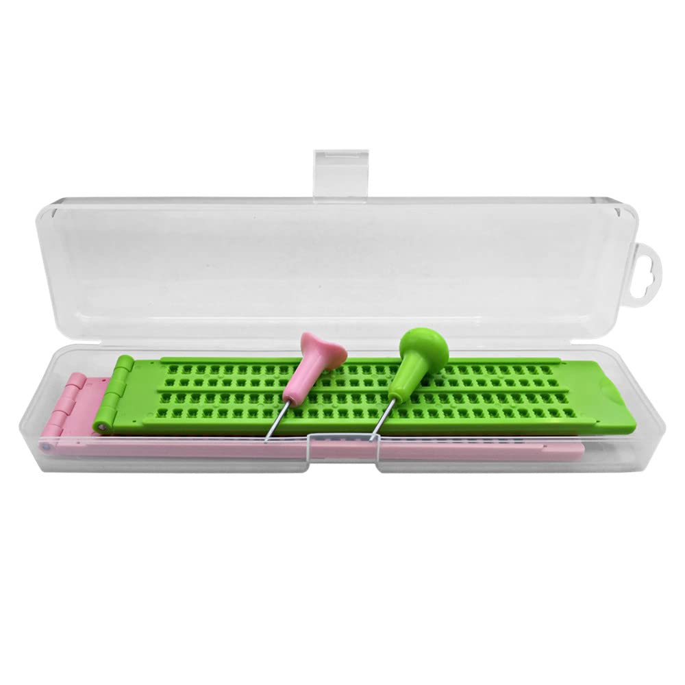 4 Lines 28 Cells Braille Writing Slate with 2 pcs Styluses, Braille Slate Kit with Plastic Box ? 2 Sets) (Pink + Green)