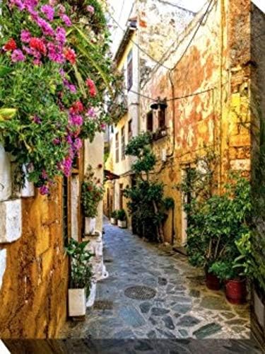 Pink and Green Chania Alley Outdoor Canvas Rectangular Wall Art Decor 40" x 30"