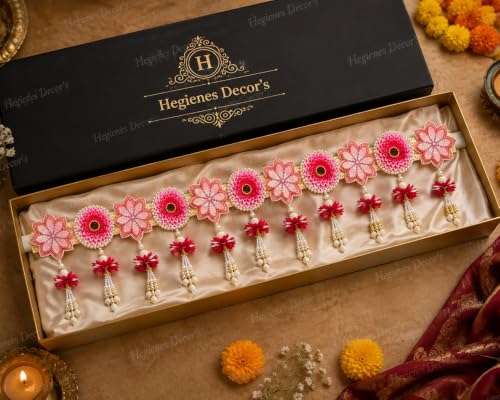 Image of Premium Handmade Artificial Flower Door Toran for Main Entrance | Pink Floral Pearl Hanging with Decorative | Traditional Wall & Door Decor for Home, Pooja Room | 38.5 Inch