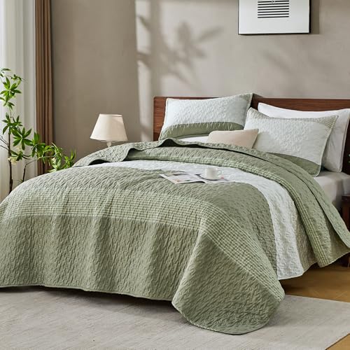 Image of Andency King Size Quilt Set Weat Green, 3 Pieces Summer Ultra Soft Lightweight Bedspreads & Coverlets Set, Patchwork Striped Quilted Bedding Sets for All Seasons (1 Quilt, 2 Pillow Shams)