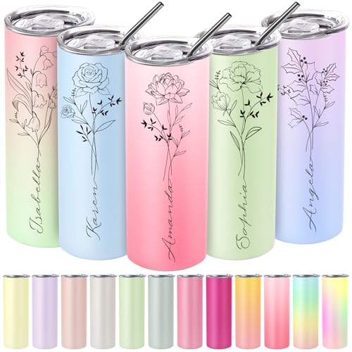 Image of Personalized Tumblers with Names and Birth Flower, Custom Stainless Steel Skinny Tumbler with Straw, 15 Colors - 20 Oz, Personalized Birthday Gifts for Women Mom