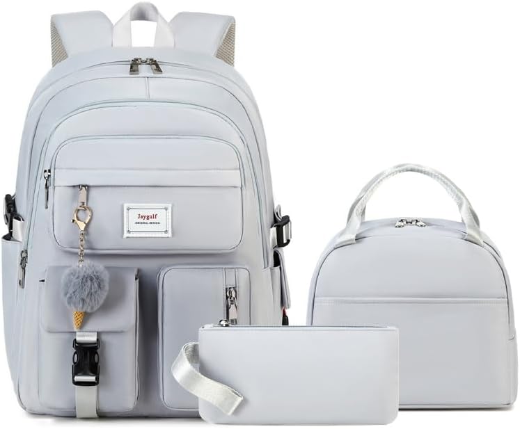 Girls Backpack Stylish Schoolbag Set for College or High Student Laptop Backpack for Women Grey