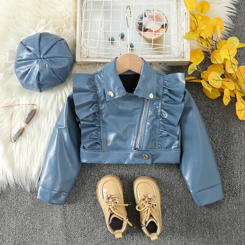 Toddler Girls Faux Leather Motorcycle Jacket Cute Ruffle Spring Fall PU Coat and Hat 2 to 7 Years Top Runaways Blue3