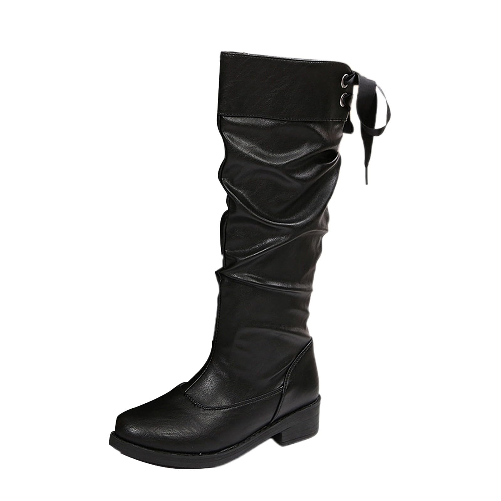 Botas por Encima de la Rodilla Botas de Media caña Moda, tacón Grueso, Punta Cuadrada, Detalle Arrugado, Lazo en la Parte Trasera, Cremallera, Estilo botín Montar para otoño e Invierno