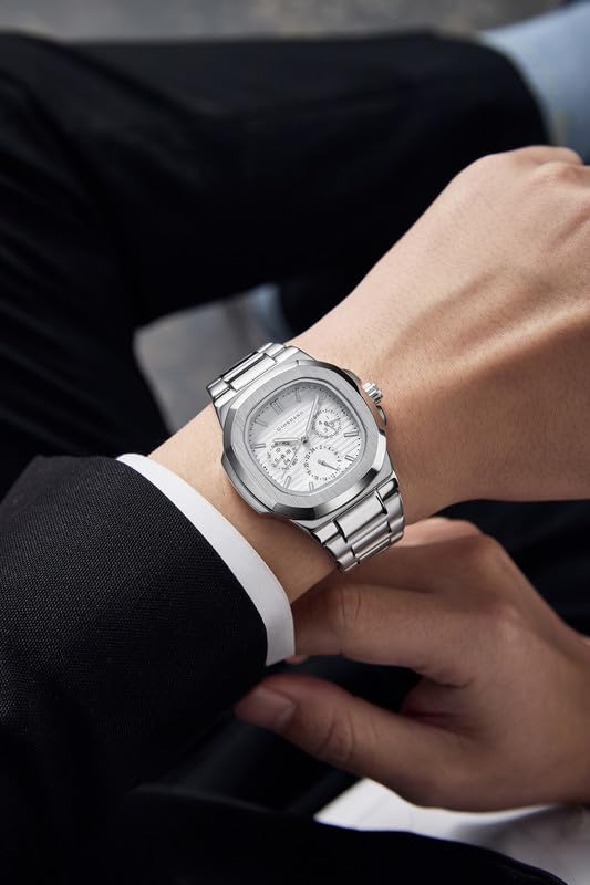 Image of GIORDANO Analog Multifunction Watch for Men - Textured Dial with Cushion Case, Luminous Index Markers, Stainless Steel Strap, Day & Date Display