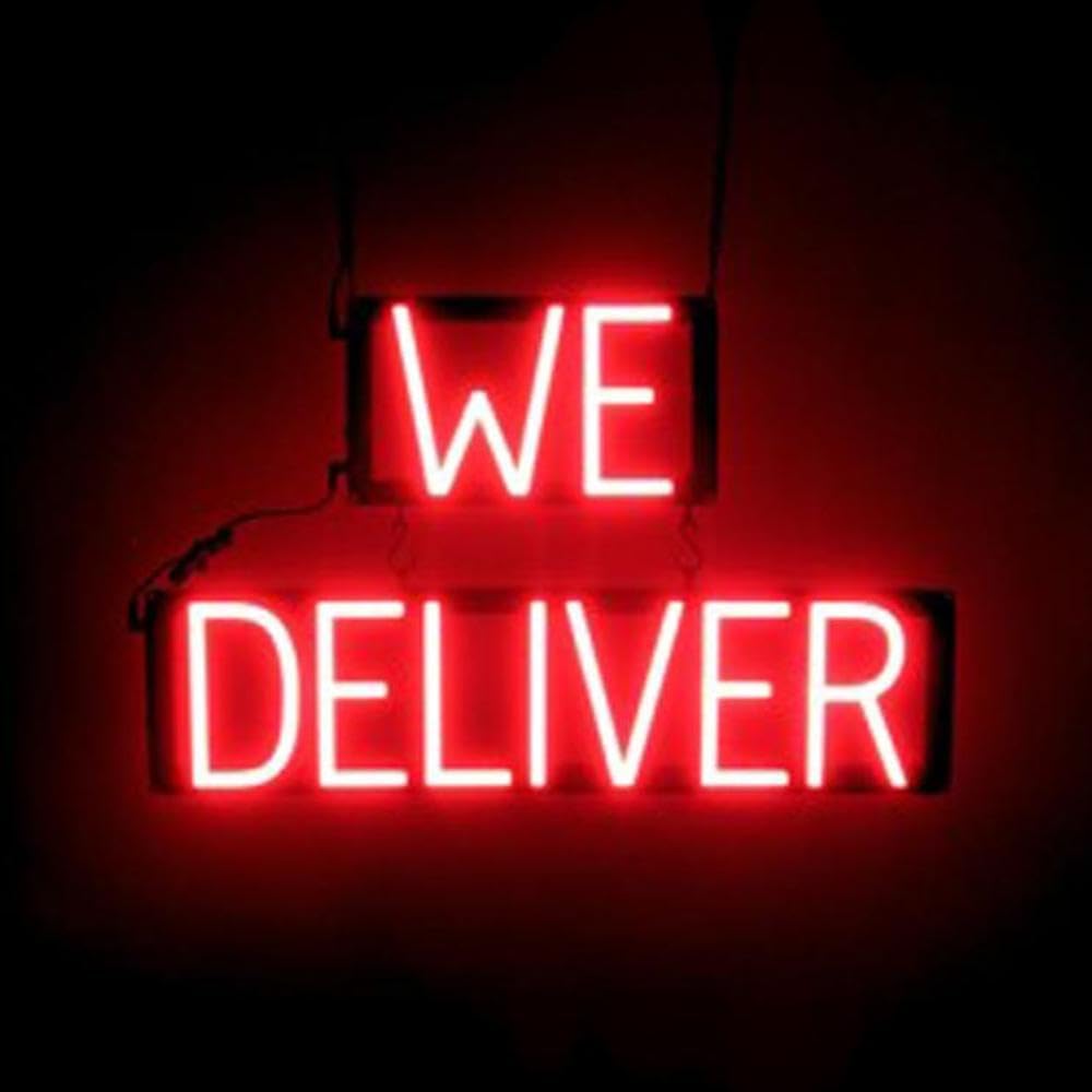 SpellBrite WE DELIVER Neon-LED Sign for Business. 24.0" x 15.0" Ultra Bright, Energy Efficient, Long-Life LED. Visible Indoors from 500+ Feet with 8 Animation Settings (Red)