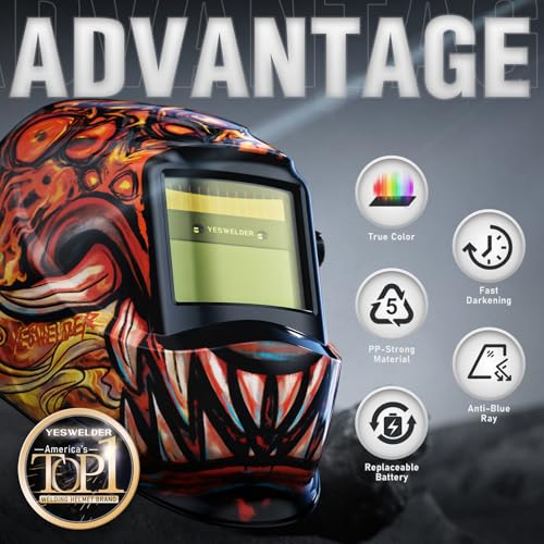 Image of YESWELDER Auto Darkening Welding Helmet, Blue Light Blocking, 1 /1 /1 /1 True Color Solar Powered Welding Hood with 2 Arc Sensors, Wide Shade 3.5 /9-14 Welder Mask for TIG MIG ARC and Grind