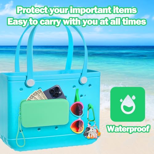 Image of Mity rain Silicone Wallet for Bogg Bag Phone Holder | Accessories Set for Bogg Bag Contain 2PCS Key Holder and Large Capacity Silicone Zipper Bag for Beach Bags Tote Bag (Green)