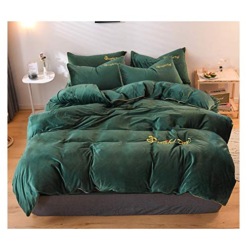 Jiaquhome 4-Piece Duvet Cover And Pillowcase Set Bedding Tigh Quality Crystal Velvet Solid Color Creative Embroidery English Alphabet Girl,Deep Green,King #TOP1