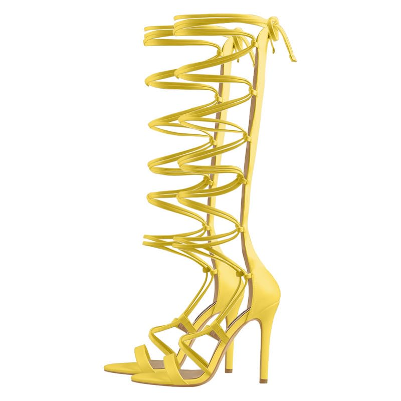 Image of LISHAN Womens Gladiator Knee High Sandals Open Toe Lace Up Criss Cross Strappy Stiletto Heels