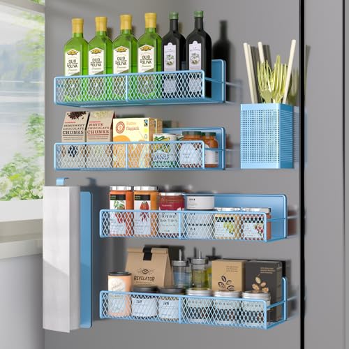 Image of Magnetic Spice Rack for Refrigerator, 6 Pack 100% Metal Strong Magnet Shelf, Space Saving Spice Organizer, Home Kitchen Laundry Room Storage Organization W/ Paper Towel Holder, Utensils Racks ( Blue)