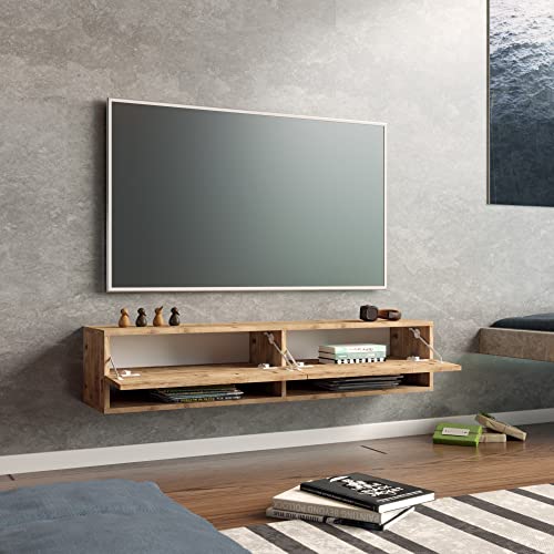 Miniatura 3 de En.Casa Mueble Tv Suspendido Con Espacio De Almacenaje Mesa Tele De Pared Con 2 Puertas Y 2 Estantes Aglomerado 140 X 32 X 30 Cm Roble Rústico