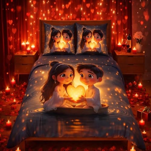 Image of Romantic Love Theme Double Bed Bedsheet with 2 Pillow Covers | Valentine Special HD Digital Print Bedsheet | Soft Microfiber Comfortable Bedding | Ideal Gift for Couples