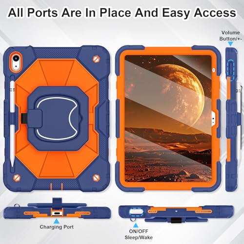 Image of WESOROL Case for iPad (A16) 11th /10th Generation 2025 /2022 with Screen Protector Rotating Stand Pencil Holder Shoulder Strap Heavy Duty Shockproof Cover for iPad 10th Gen Case,Navy Orange