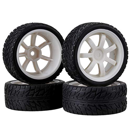 BQLZR RC 1:10 On-Road Car Black Flame Pattern Rubber Tyre & White Plastic 7-Spoke Wheel Rim 12mm Drive Hex Pack of 4