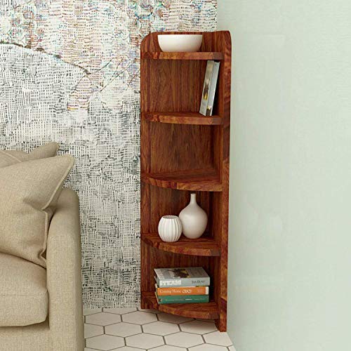 Image of MAMTA DECORATION Sheesham Wood 5 Tier Corner Wall Shelves for Living Room | Corner Shelf | Teak Finish, Standard (MD-CORNER-WS-05-TB-N)