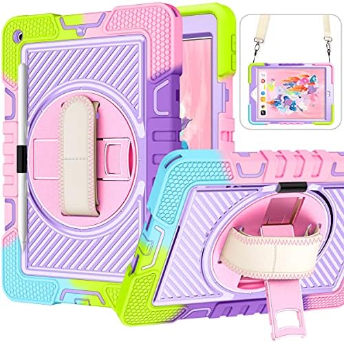 Hocase for iPad 6th/5th Generation Case, iPad 9.7 2018/2017 Case, with Pencil Holder, 360 Rotation Stand & Hand Strap, Rugged Shockproof Soft Silicone Hard Protective Case for Kids & Girls - Rainbow