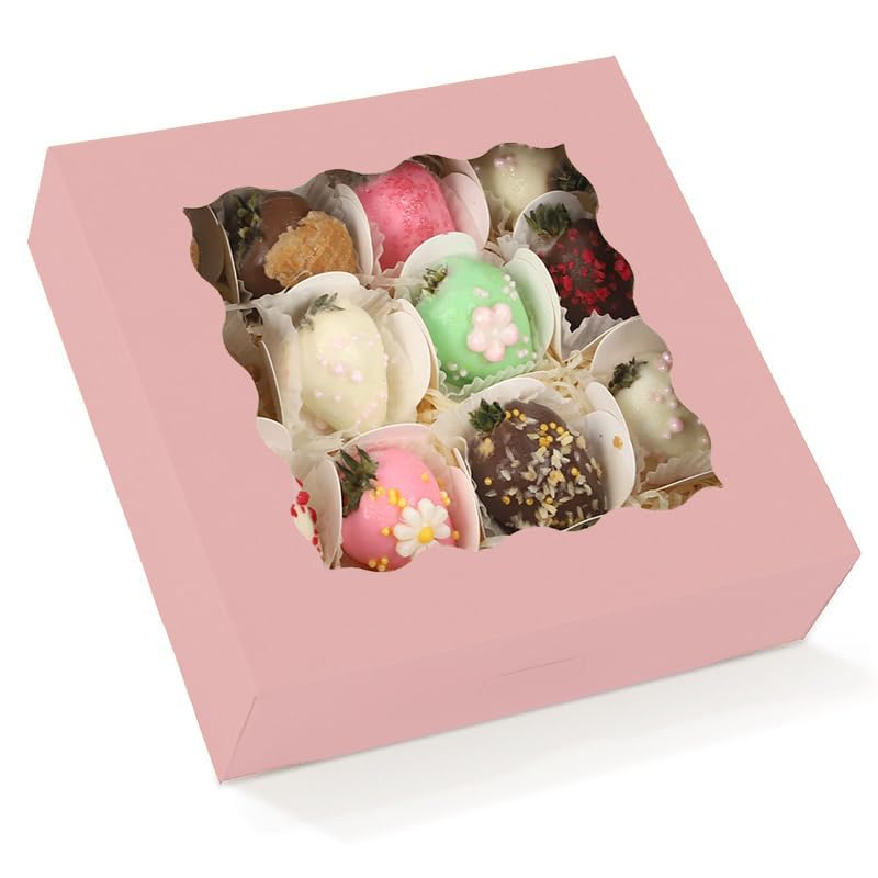 Generic 30Pcs (9x9x2.5 in) Cake Boxes+2 stickers with Display Window for Gift Giving, Bakesale, Cupcakes, Dessert, Cookies, Pie, Macaroons, Donuts, Pastry, Kraft Paper Material (Pink), 9925DGH
