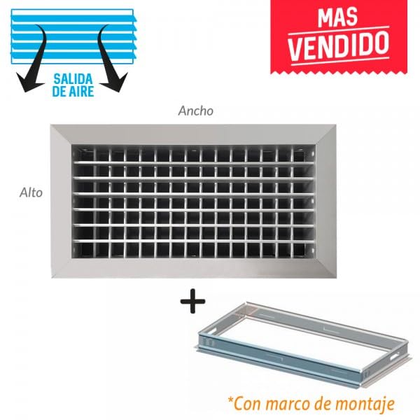 Rejilla de ventilación impulsión doble deflexión plata mate+Marco de montaje