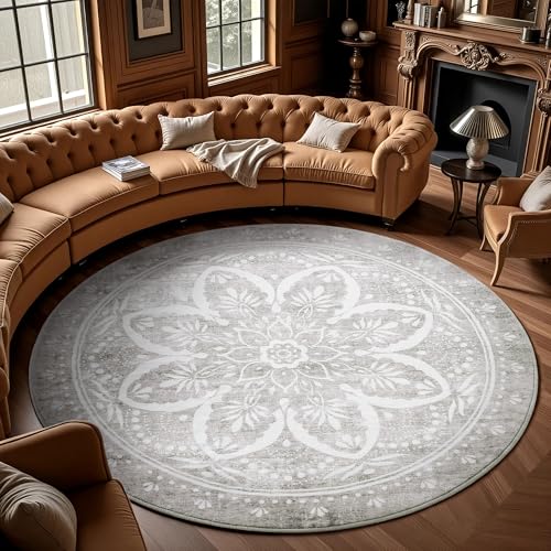 Image of Carvapet Washable 8ft Round Area Rug Grey Vintage Circle Carpet