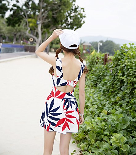 最安値 Ensasa 体型カバー 大きいサイズ ワイヤー入り リーフ柄 レディース 可愛い ワンピース水着 Red M の価格比較