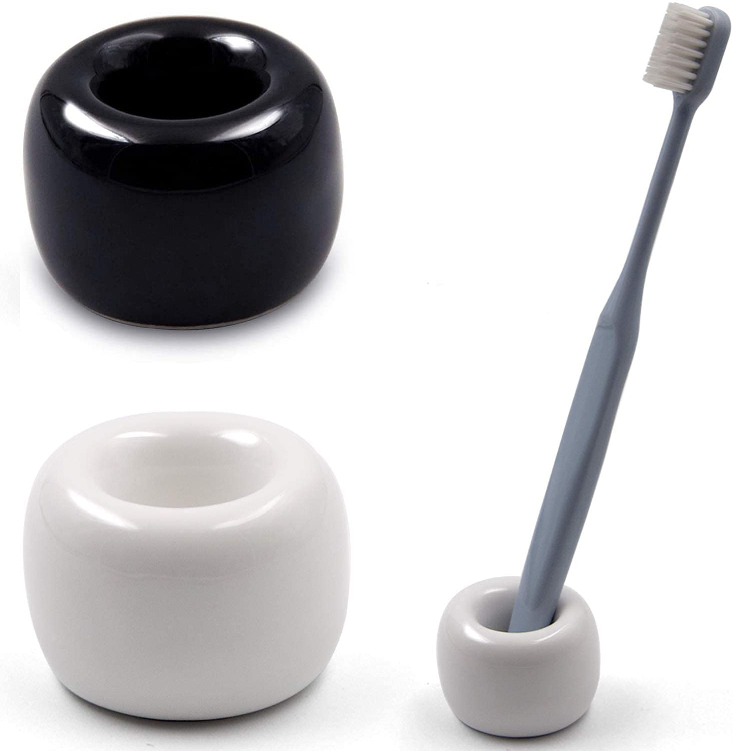 TINMAX 2-Piece Ceramic Toothbrush Holder for Razor, Cosmetic Brush, Pen, Stylus, Electric Toothbrush Head Holder and Office Pen Holder (Black + White)