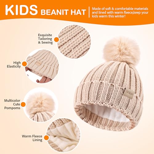 Children Winter Beanie Hat Scart Gloves Set, Kids Fleece Lined Knitted Woollen Pompom Hat for Boys Girls Toddler 3-9 Years2
