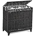 Laundry Hamper with 3 Removable Liner Bags; 132L Handwoven Rattan Laundry Basket with Lid & Heightened Feet; Clothes Hamper with Side Handles; Laundry Sorter with 3 Separate Sections (Black)