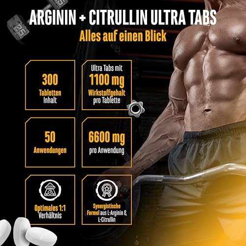L-Arginin + L-Citrullin Ultra Tabs - 300 Tabletten mit 1100 mg - Hochdosierte Kombination aus L-Arginin Base...