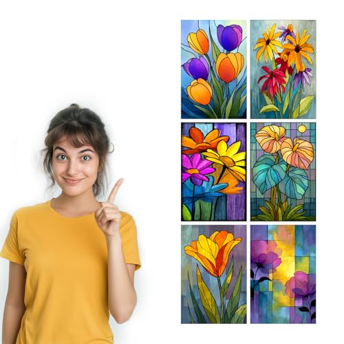 Image of SiddArtify Floral Stained Glass Wall Art Poster Print Set - Modern Flower Decor for Living Room Bedroom Office - 12x18 inch Board Pack of 6